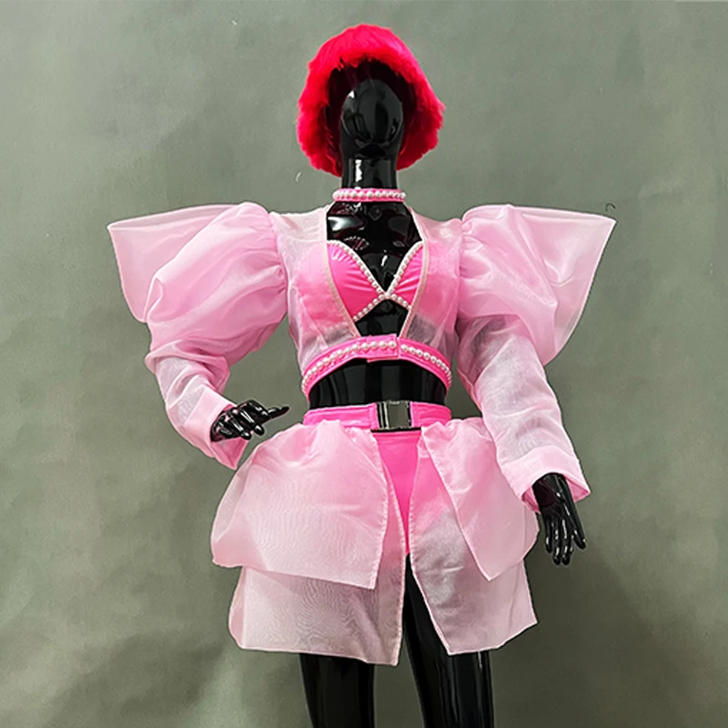 

White Puff Shoulder Sleeve Jacket Skirt Bar Nightclub Singer Dance Costume Lead Dancer Sexy Stage Wear Pink Pearl Bikini Outfit