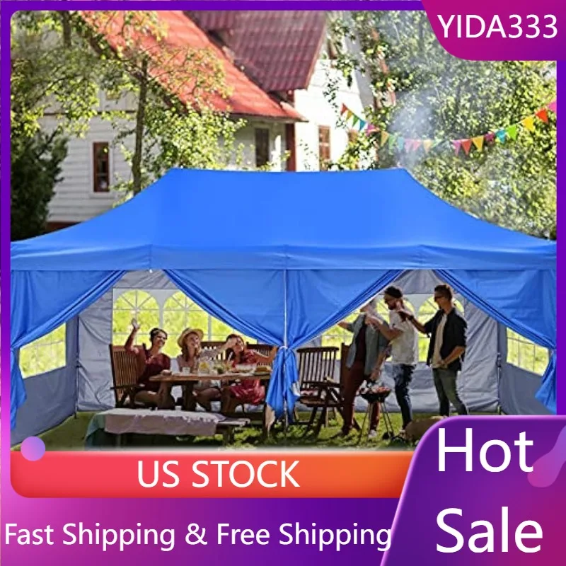 

10'x20' Canopy Tent with 6 Sidewalls Folding Commercial Heavy Duty Gazebo for Parties Blue with Wheeled Carry Bag