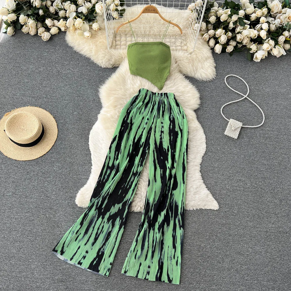 

Summer Spaghetti Strap Crop Tops and Pantsuit Women Elegant Floral Casual Chic Beach Holiday Outfits Female Sexy 2 Pieces Set
