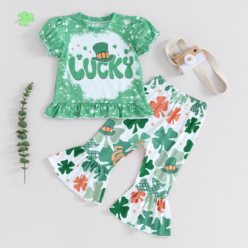 

BeQeuewll Baby Girl Irish Day Outfits Letter Print Short Sleeve T-Shirt and Four-Leaf Clover Print Flare Pants Cute Clothes