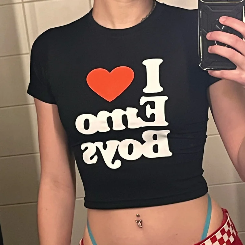 Harajuku Gothic Y2k Tops I love Emo Boy Print Tees Women Sexy T-shirt Vintage 2000s short sleeve Cropped Tee Fairy Crop Tops