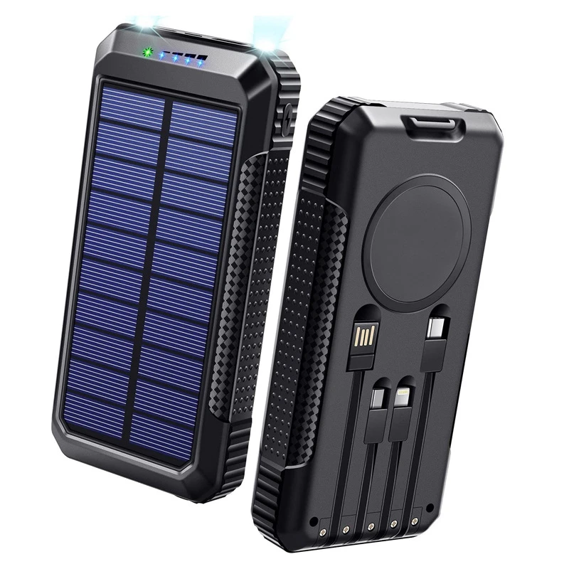 15W Wireless Solar Power Bank 33800mAh Portable Solar Charger Powerbank for iPhone 15 14 Xiaomi Samsung Poverbank Built in Cable