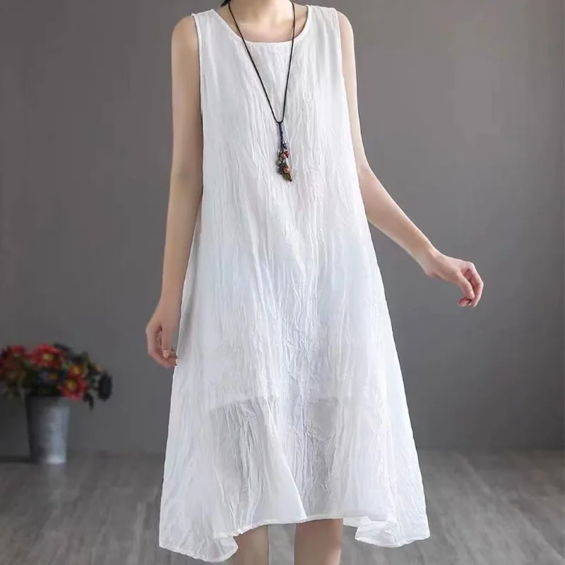 

Cotton Linen Dress for Women Pocket Round Neck Sleeveless Dress Women Summer Vintage Long Loose Vestido Feminino BB-026