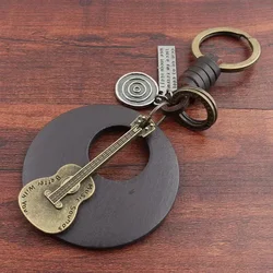 Vintage Metal & Leather Keychain Collection - Unique Shapes & Designs (Guitar with Wood)