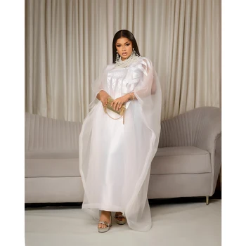 Abbigliamento africano per donna Abaya bianco ricamato plus size elegante abito da chiesa per feste 1