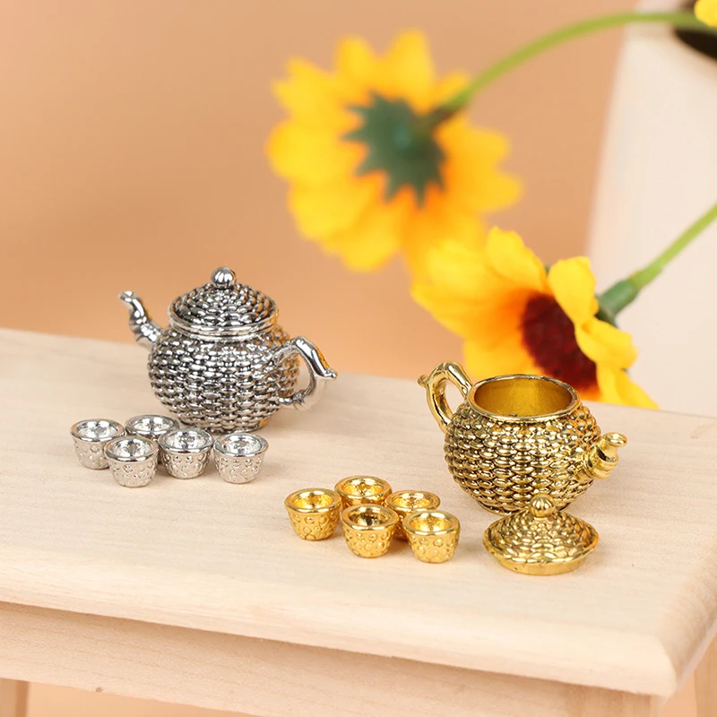 6Pcs/Set 1:12 Dollhouse Miniature Furniture Teapot w/ Lid+5 Cups Dining Ware Set