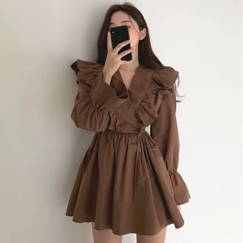 

Retro Spring Women Mini Dress Preppy Style Reuffle V-neck Long Sleeve Dress Woman Vestido Feminino Flare Sleeve Dress