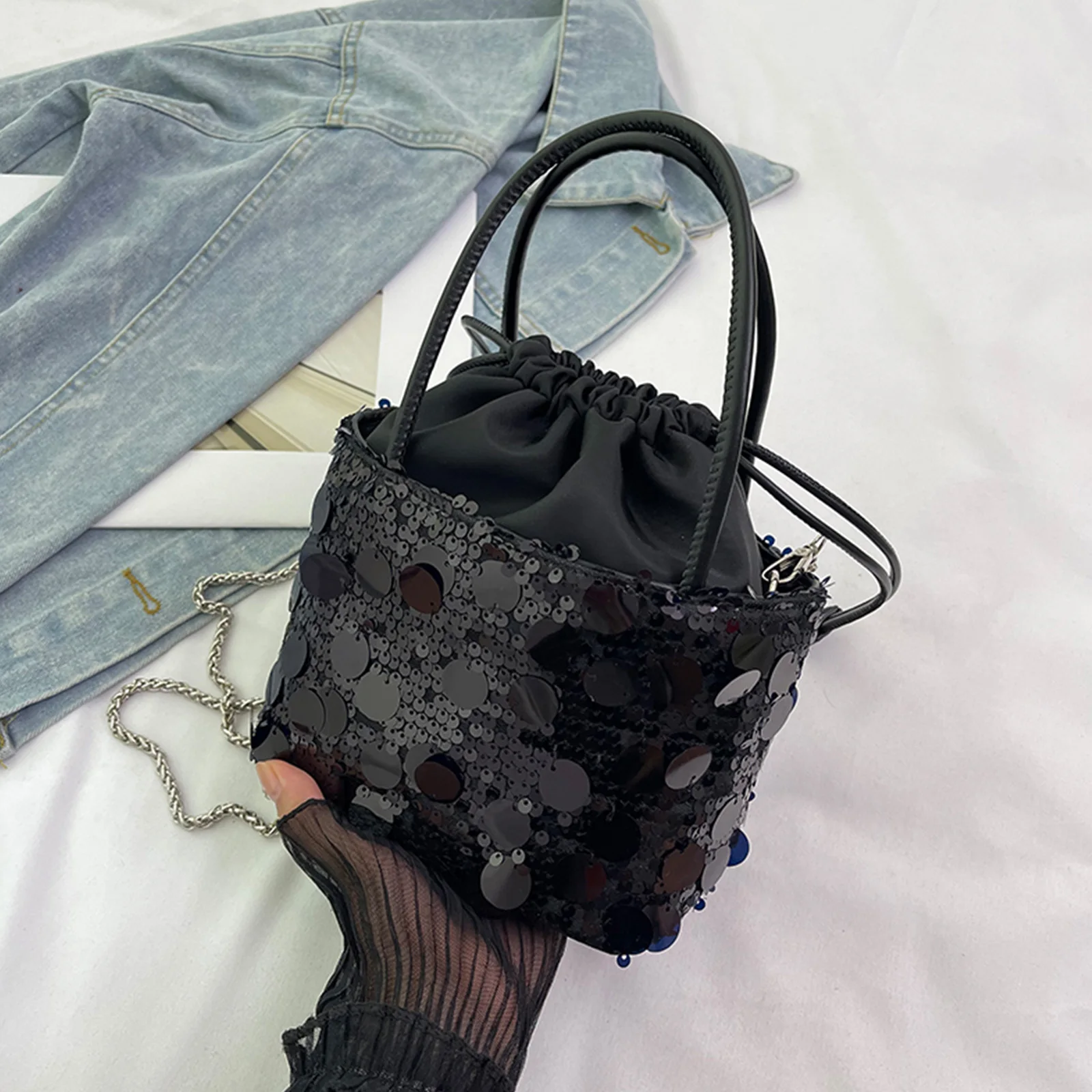 Women Sequins PU Shoulder Bag Drawstring Tote Bag Crossbody Bag for Travel Shopping Daily Use