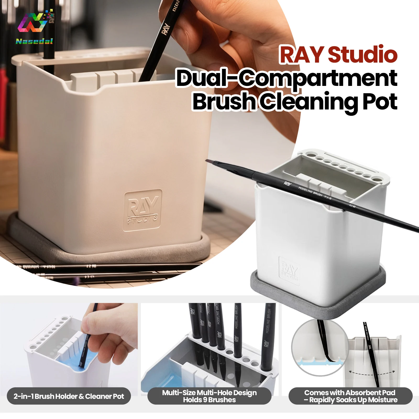 RAY 스튜디오 2 in 1 브러쉬 클리닝 팟 홀더 흡수 패드 포함 아크릴 페인트 브러쉬 건담 모델 페인팅 아트 도구