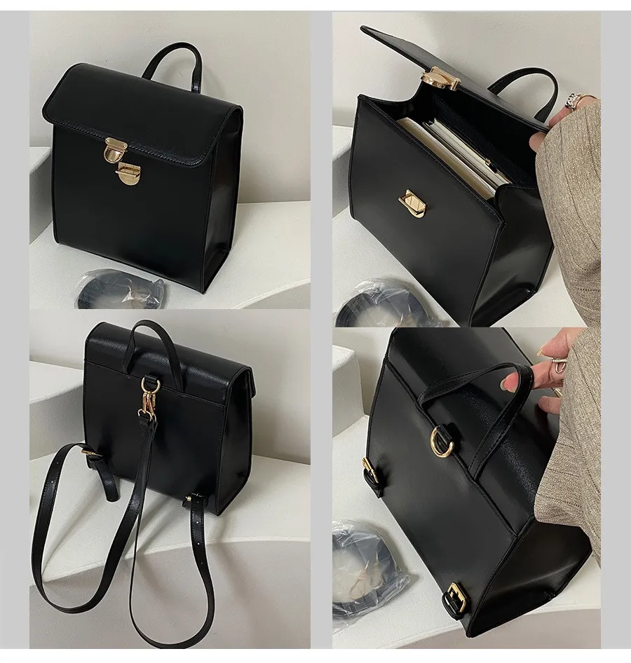 Vintage Women Backpack PU Leather Shoulder Bags for female  black Backpacks for Teenage Girls briefcase bags Daypack bagpack 2