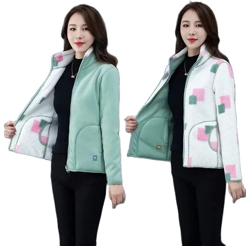 

Double Sided Wearing Polar Fleece Coat Female 2024 New Spring Autumn Jacket Add Thick Standing Collar Warm Hoodie Outerwear