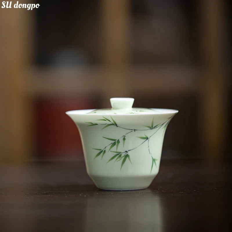 

Jade Clay White Porcelain Hand-painted Gaiwan Bamboo Underglaze Green Colored Covered Bowl Chinese Kungfu Tea Set