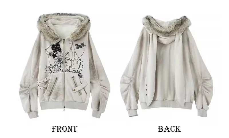 REDDACHiC Aesthetic Zip Up Graphic Hoodies Jacket Bunny Ear Fuzzy Hooded Fleece Lined Oversized Top Harajuku Y2k Women Clothes