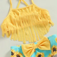 2-7Y Kids Bikini Set Girls Swimwear 2023 Summer Tassel Sling Sunflower Print Bow Bathing Suits Children Beachwear Baby Swimsuits 5