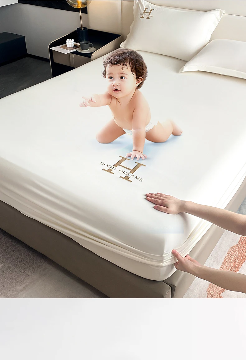 Description Picture 5 of itemEmbroidery Waterproof Fitted Sheet With Elastic Band Bedsheet Single Double Queen Size Mattress Cover Solid Color Fit Sheet