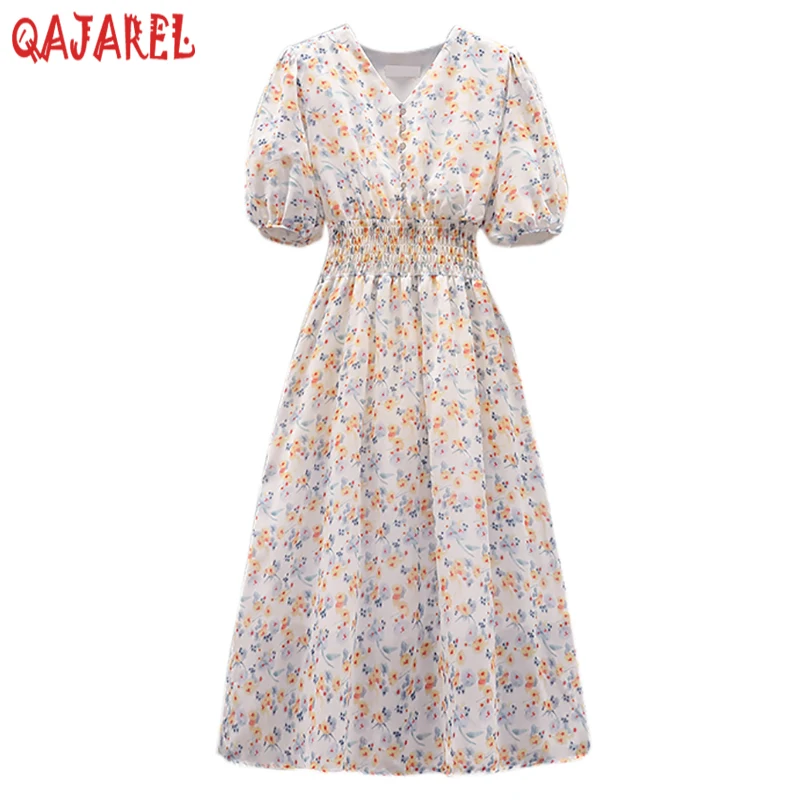 

Summer Floral Chiffon Puff Sleeve V-Neck Midi Dress 2024 Boho Fashion Light Beach Dress Women Korean Elegant Bodycon Party Dress