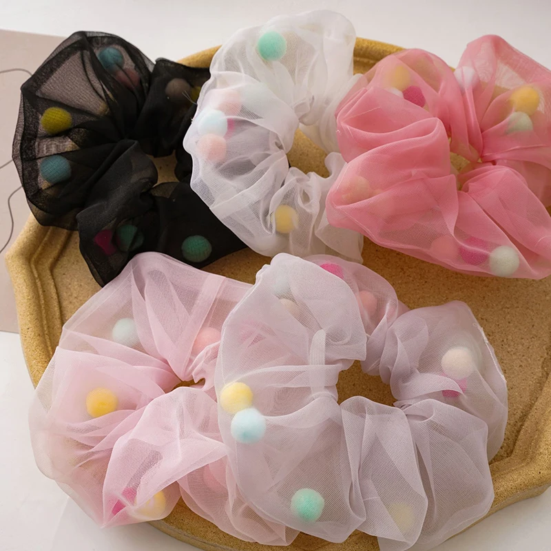 Fashion Organza Sheer Scrunchie with Color Mesh Gauze Ball Hair Ring