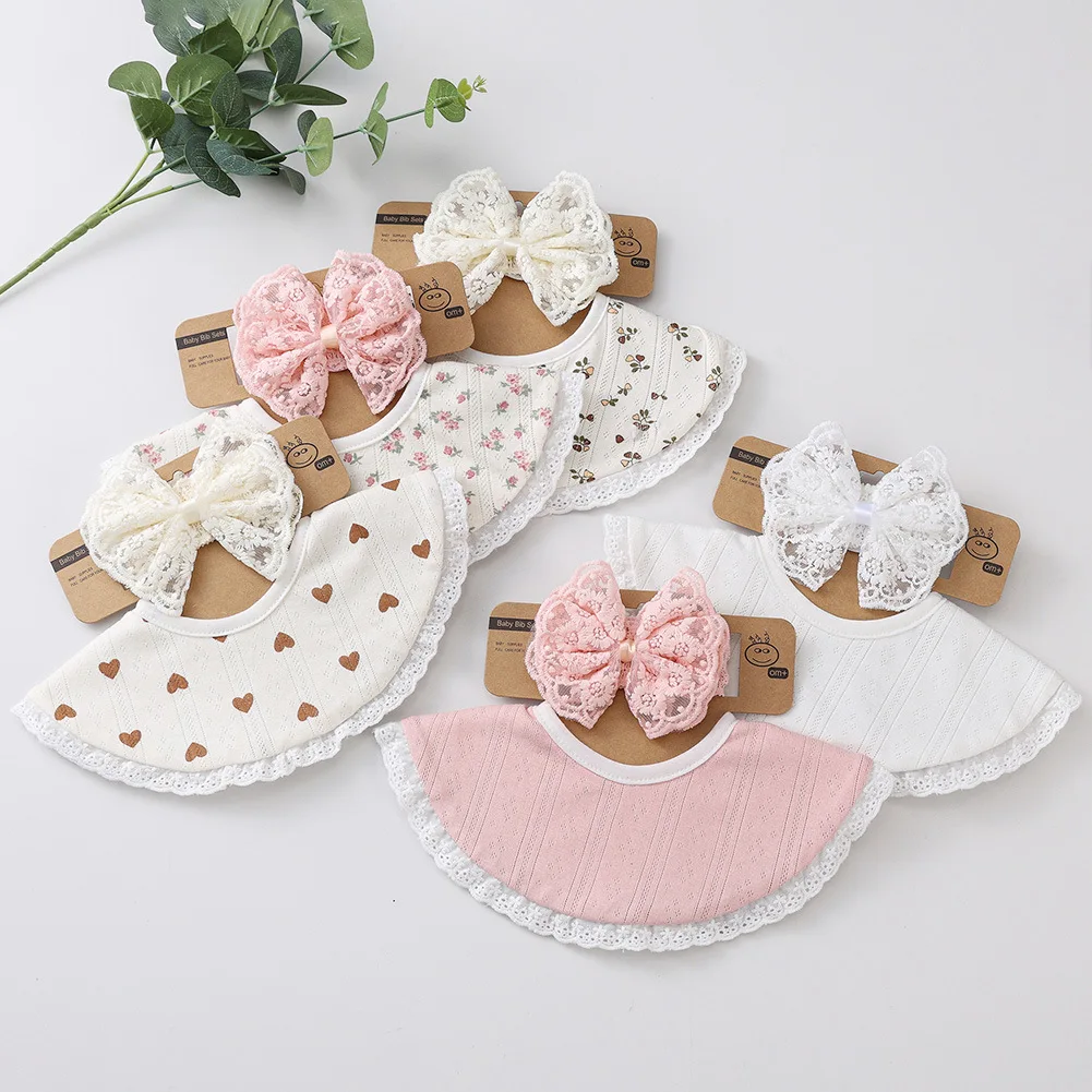 2 set di cotone neonato fazzoletto tovagliolo di cotone per bambini con bordo in pizzo nodi a farfalla fascia larga copricapo foulard bavaglino set - immagine 3