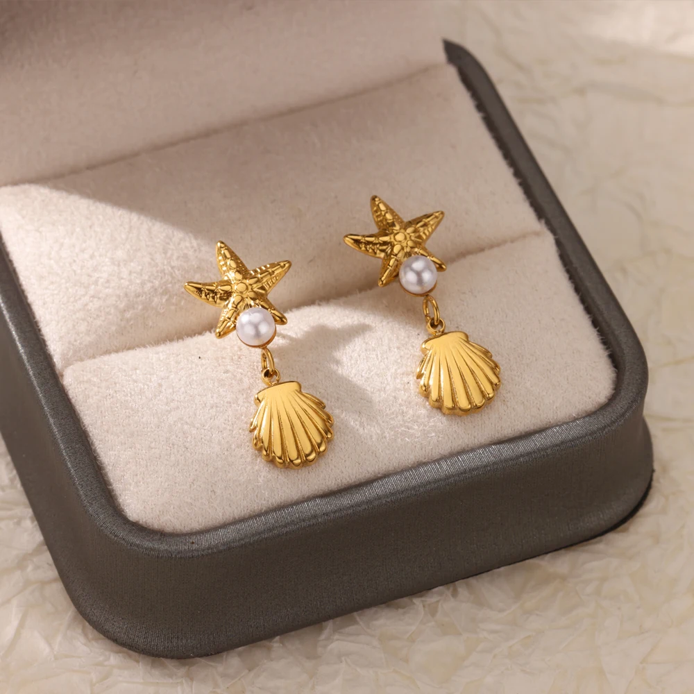 Pearl Starfish Shell Dangle Earrings Gold Color Stainless Steel Boho Jewelry