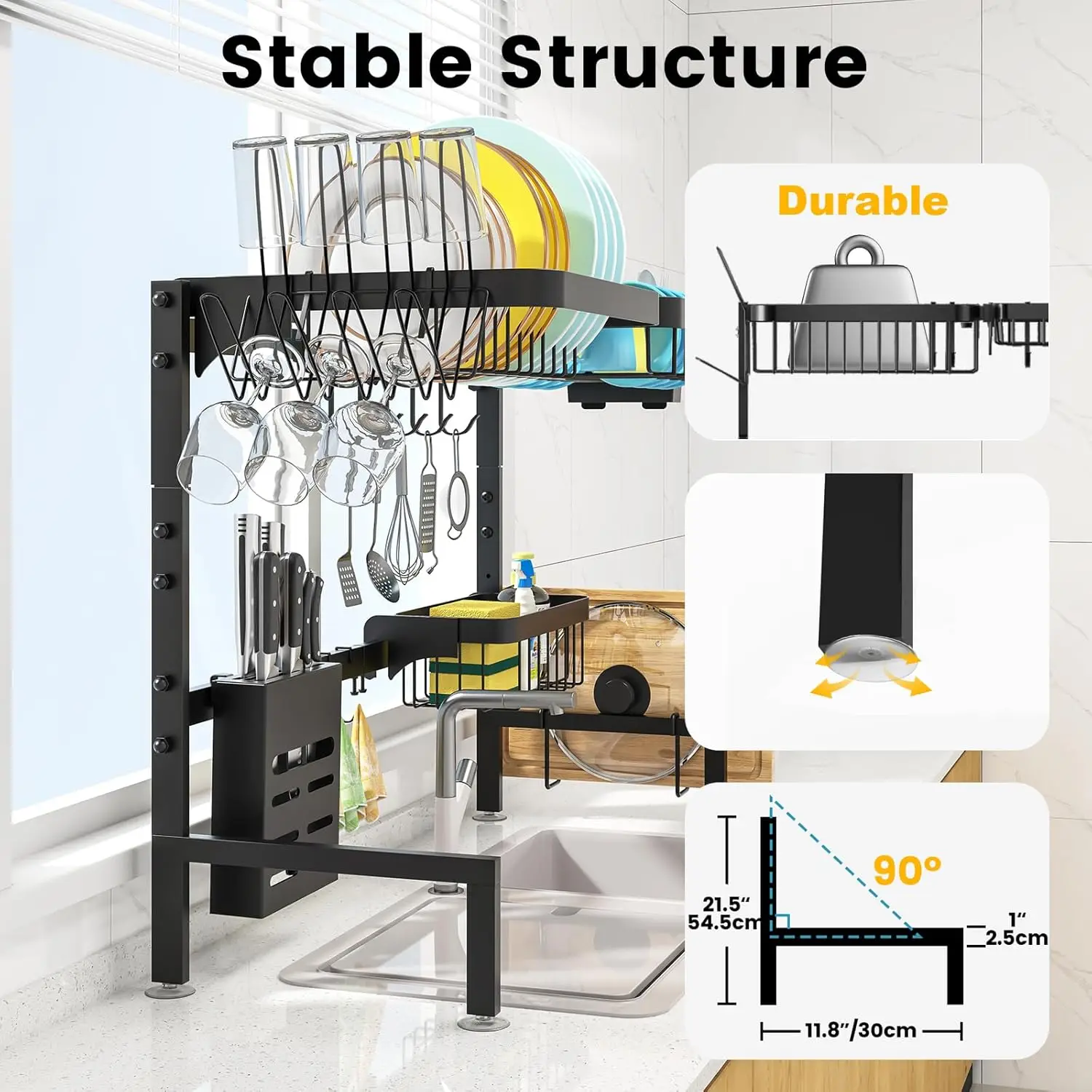 Over The Sink Dish Drying Rack Adjustable Length (25-33in), 2 Tier Dish Rack Over Sink with Multiple Baskets Utensil 4