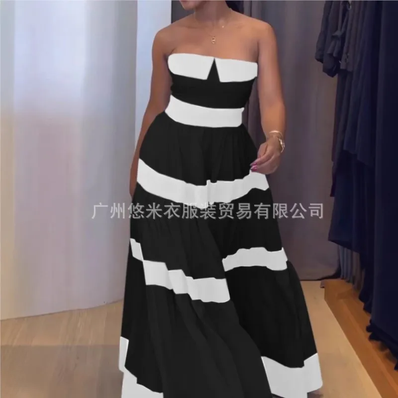 Women Fashion New Elegant Long Dress Patchwork Bowknot Strapless Sleeveless Backless High Waist Stripes Long Dress Party Female 2