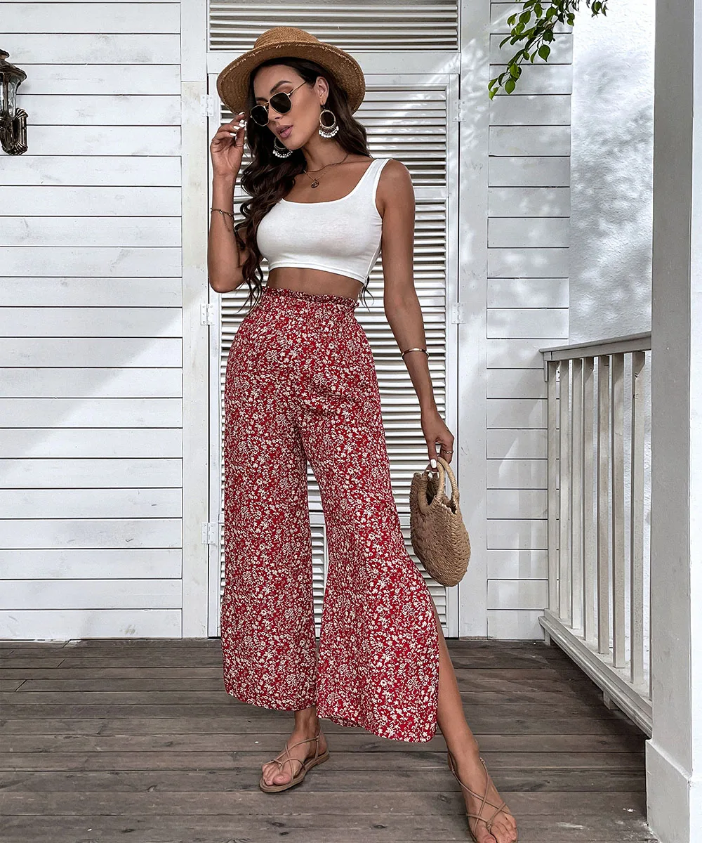 crop pants for women Benuynffy Holiday Ditsy Floral Print Wide Leg Pants Women Summer High Elastic Waist Boho Casual Split Trousers For Women black ripped jeans