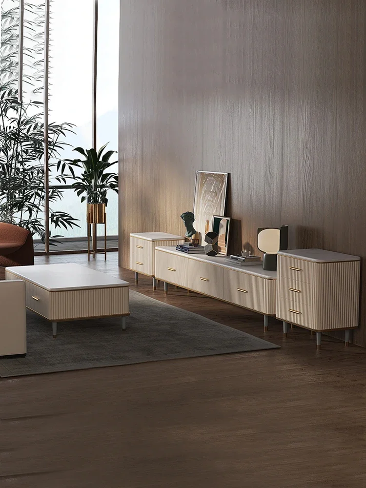 

Light luxury tea table TV cabinet combination rock board living room storage square ground cabinet tea table modern simple desig