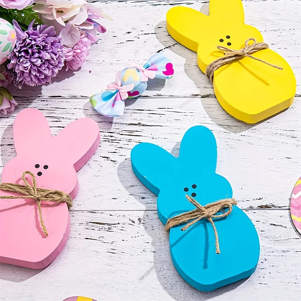3Pcs Easter Wooden Sign Pink Blue Yellow Easter Bunny Wooden Table Centerpieces with Jute Rope Freestanding Rabbit Decoration