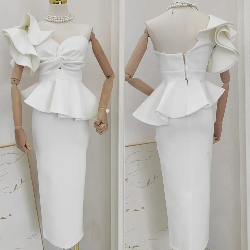 Jersey Pleat Bow Engagement Sheath One-shoulder Bespoke Occasion Gown Midi Dresses