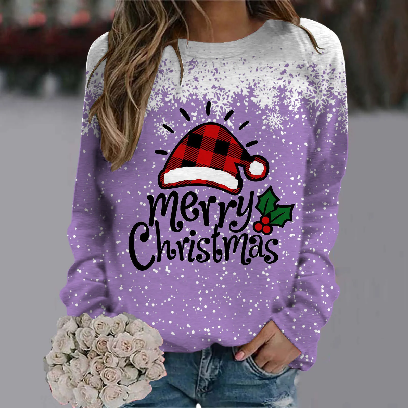 

Fleece Lined Hoodie Pullover Womens Christmas Snowflake Hat Letter Printed Round Neck Long Sleeve Hoodie Sweatshirt