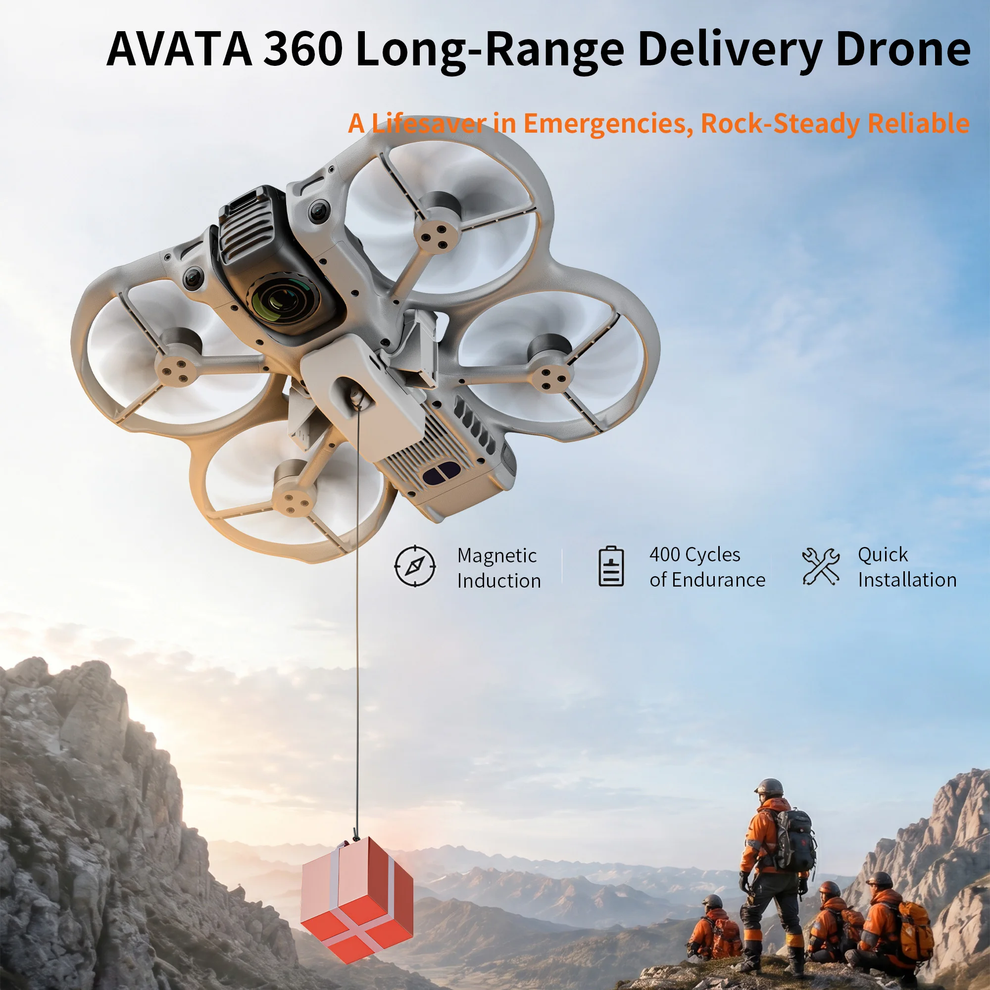 Mécanisme de largage du support pour drone Avata 360, batterie 100mAh visible.