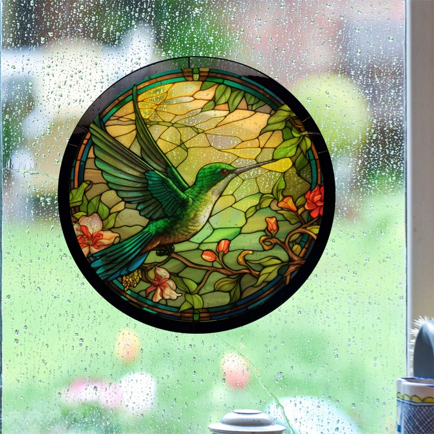 Antique Color Dyed Hummingbird Iris Japonica Window Glass Electrostatic Sticker Detachable Decorative Film Home Decorations