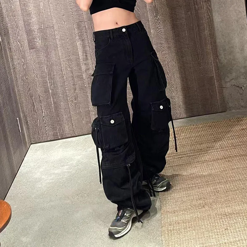 Women's Heavy-Duty Washed Hand-Painted Multi-Pocket Work Pants, Heavy-Duty Distressed Jeans, Embroidered Wide-Leg Pants, Y2K - Image 4