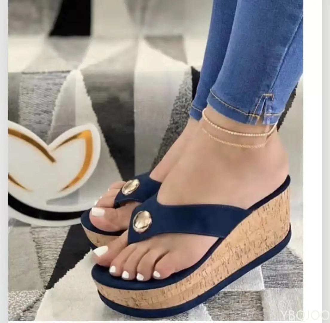 Plus size women’s beach wedge sandals with platform sole and open-toe summer design black 5465