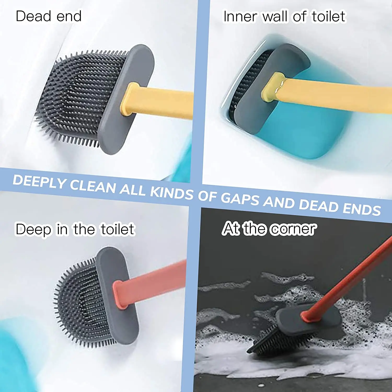 Toilet Brush Bathroom Silicone Toilet Brushes Holder Sets No-Slip Long Plastic Handle Soft Flexible Bristles