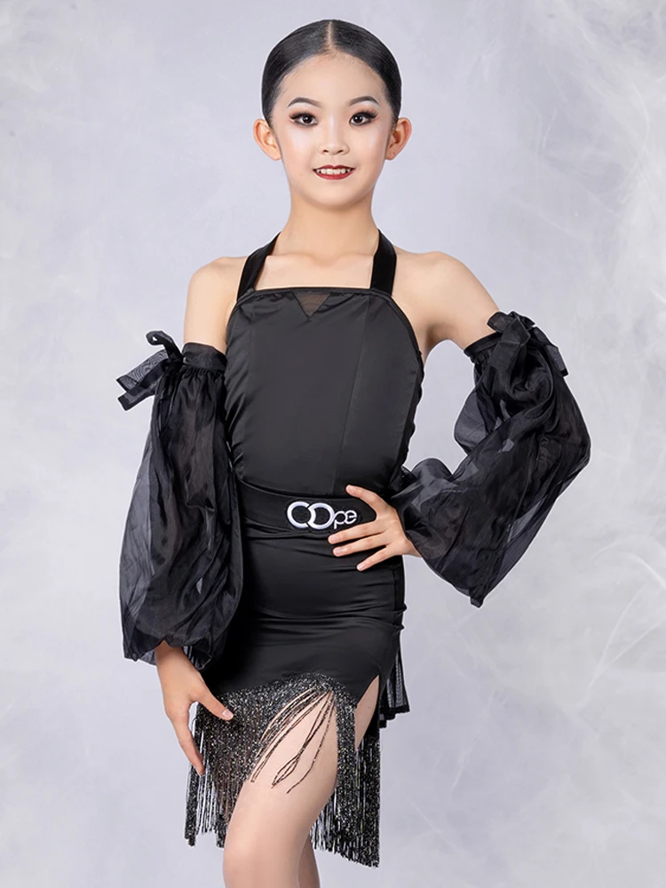 

New Girls Latin Dance Dress Black Bubble Sleeves Fringe Dress Kids Cha Cha Performance Costume Latin Competition Dress BL11258