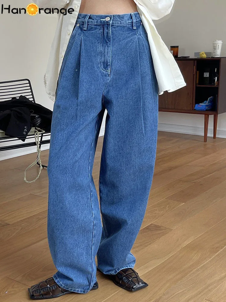 HanOrange 2024 Spring Fashion Wide Leg Jeans for Women High Waist Pants Loose Casual Cotton Denim Trousers Female Clothing