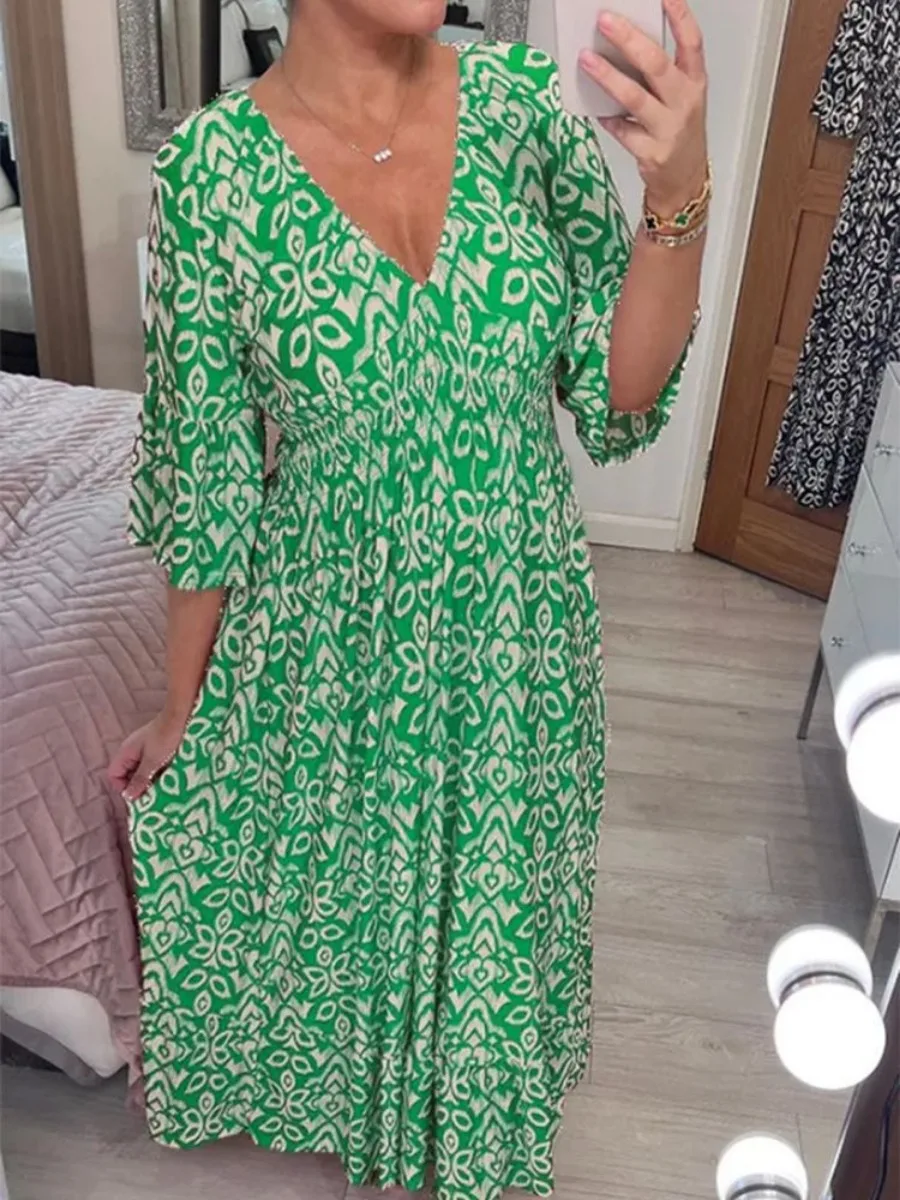 

Summer Elegant Fashion Beach Dress Women Y2K INS Casual Half Sleeve V Neck Loose Floral Print Vacation Bohemian Dress
