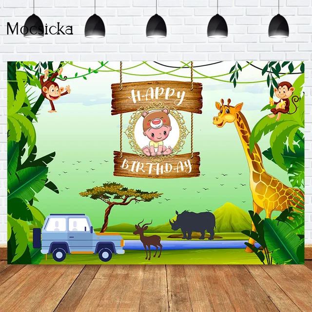 Mocsicka CUSTOM Rainforest Animals Wild One Backdrops Children Happy Birthday Party Photography Background Cake Table Banner 6