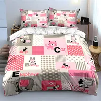 Parure de lit alphabet animaux mignons rose et gris, housse de couette imprimée dessin animé avec taies d'oreiller, linge de lit doux pour chambre de fillette 2