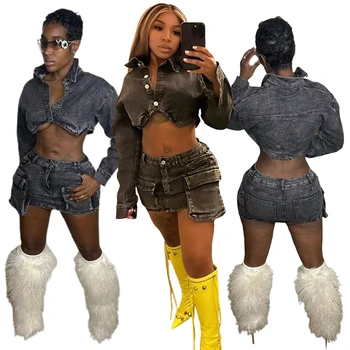 Denim Two Piece Set Women Turn Down Collar Long Sleeve Single Breasted Short Jacket 3D Pockets Mini Skirts Cargo Jeans Suit
