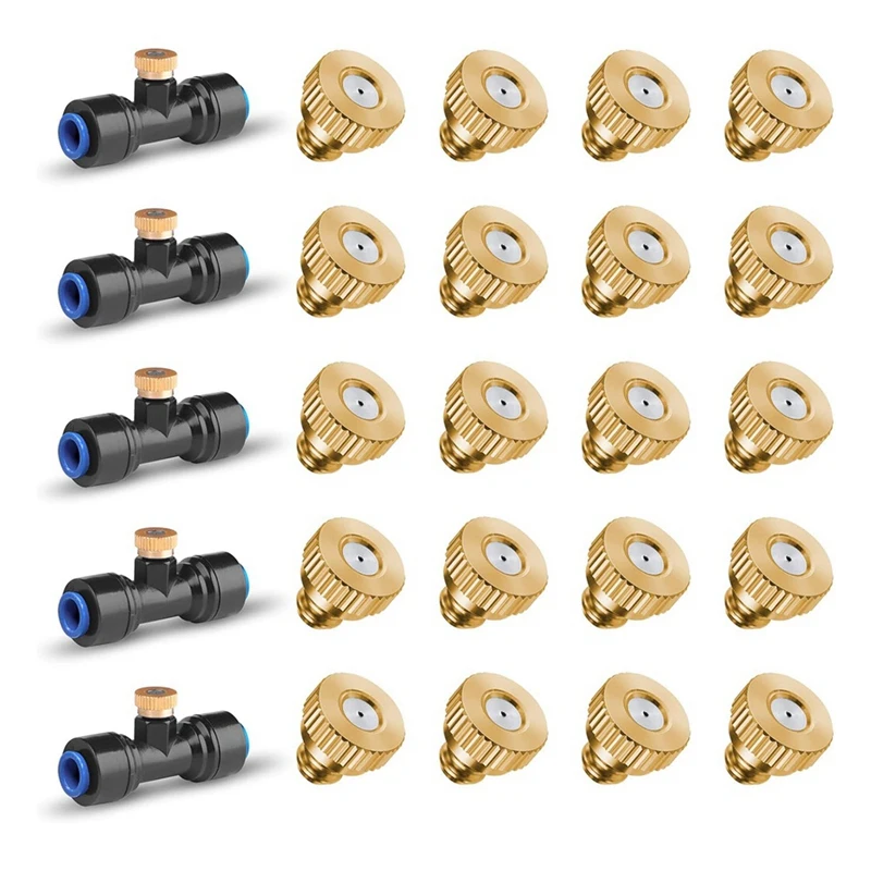 SOFT-20 Pack Brass Misting Nozzles And 5 Pack Misting Nozzle Tees For Outdoor Cooling System, Nozzle For 1/4 Inch