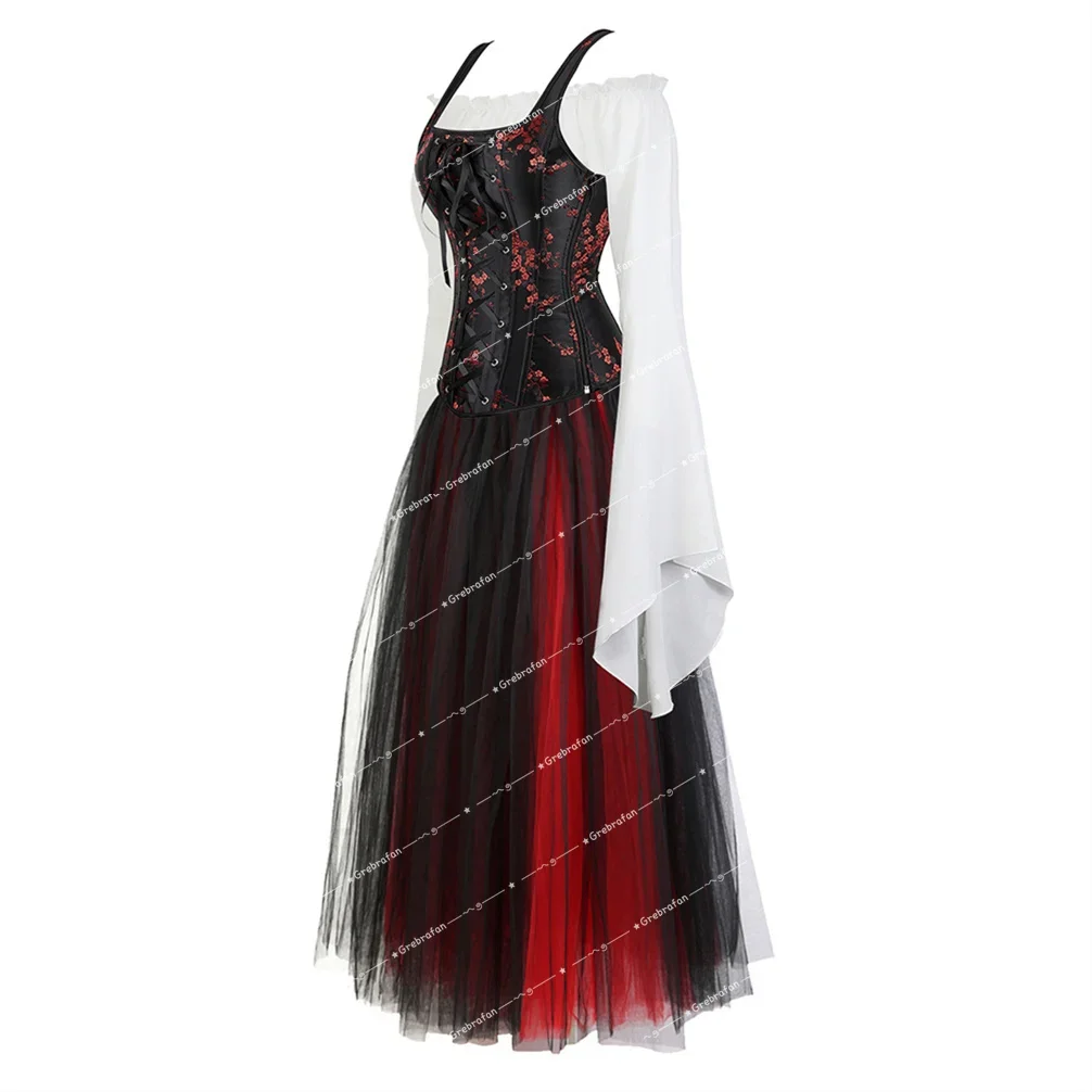 Women Wedding Corsets Evening Party Corset Dress and Shirt Set Floral Bustiers Strap Overbust Lace Up Corsage Halloween Costumes