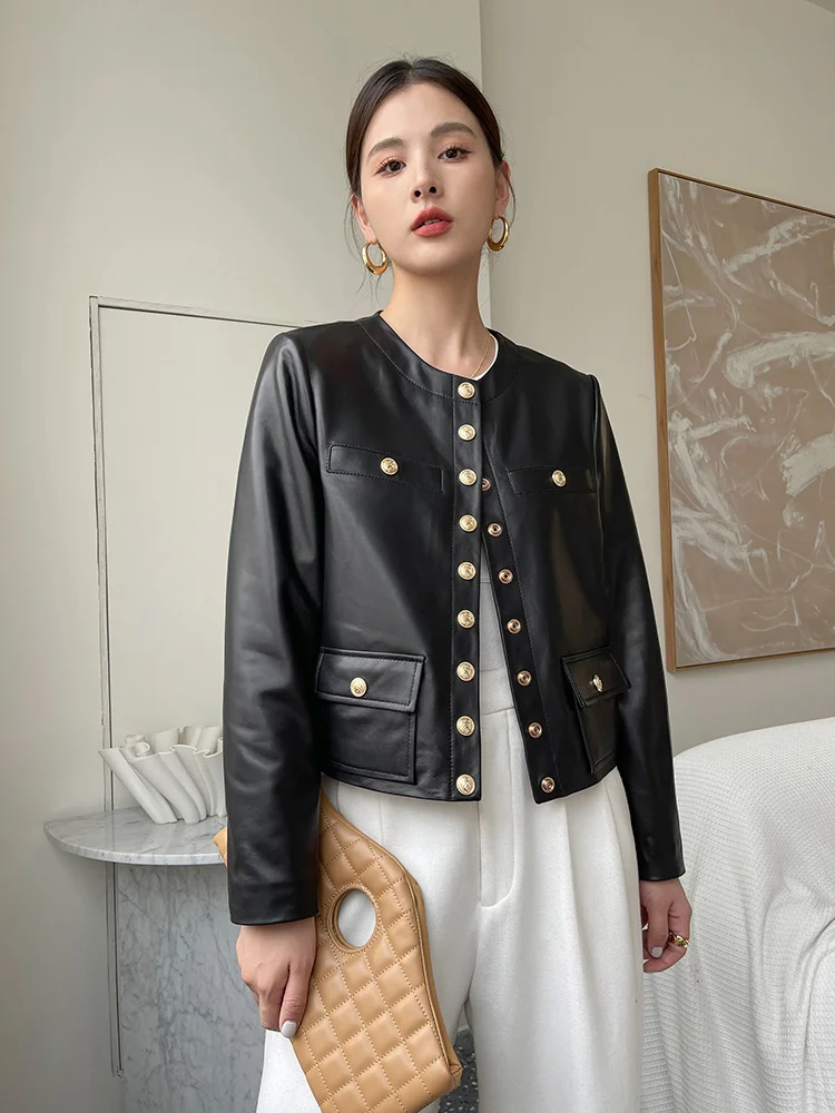

Elegant O-neck Genuine Leather Women Jacket Fashion Metal Single-breasted Casual Short Motorcycle Real Sheepskin Coat