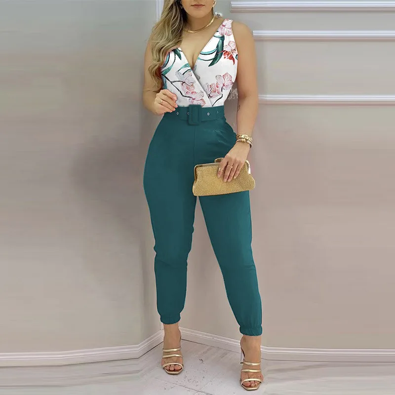 

Elegant Woman Jumpsuits 2023 Sexy V-neck Sleeveless Printed Belt Decoration Pocket Jumpsuit Fashion Temperament Female Clothes
