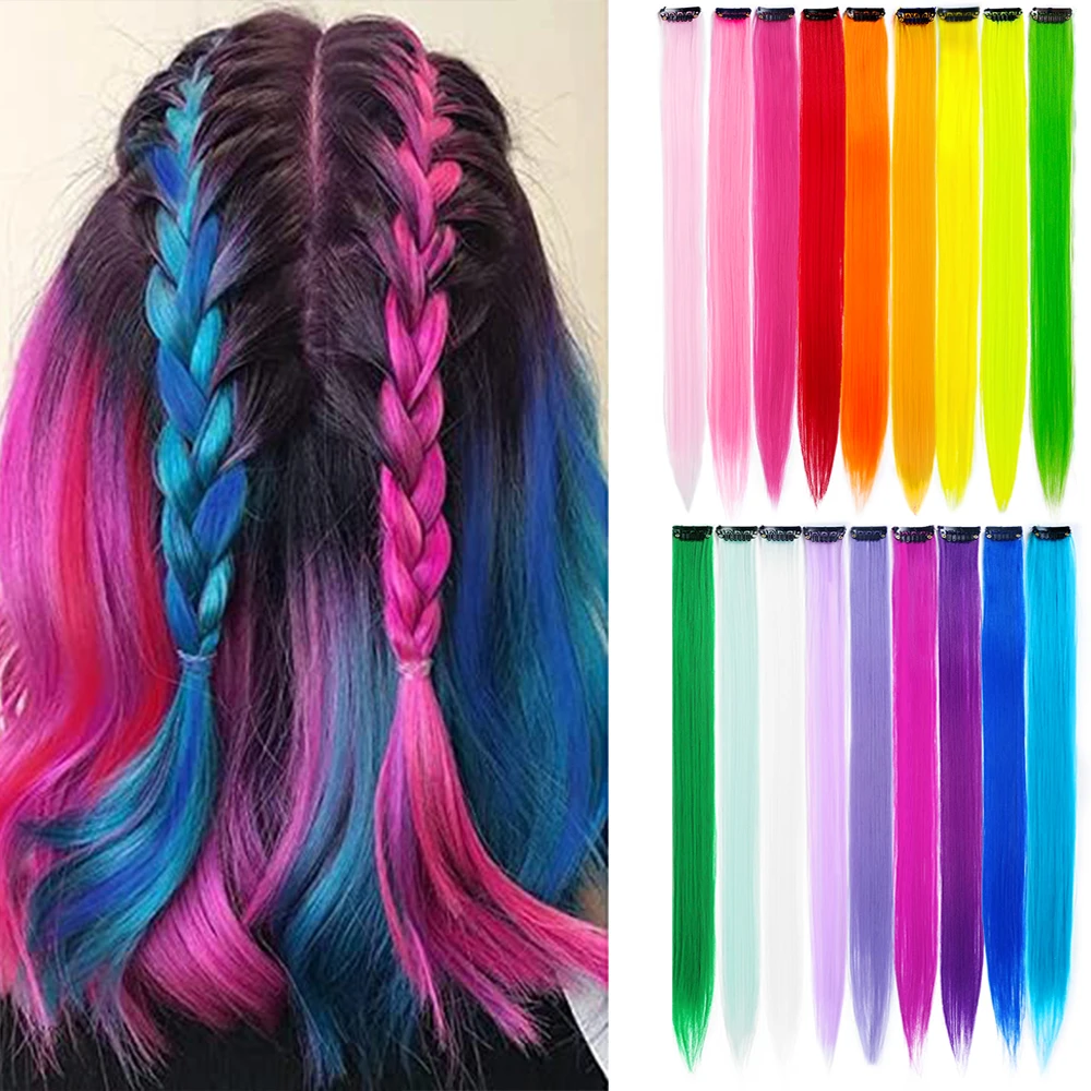 18 Colors Synthetic Colored Clip In One Piece 10PC/Pack Straight Rainbow  Hair Extensions 22 Inch Hairpieces Highlights For Kids| | - AliExpress
