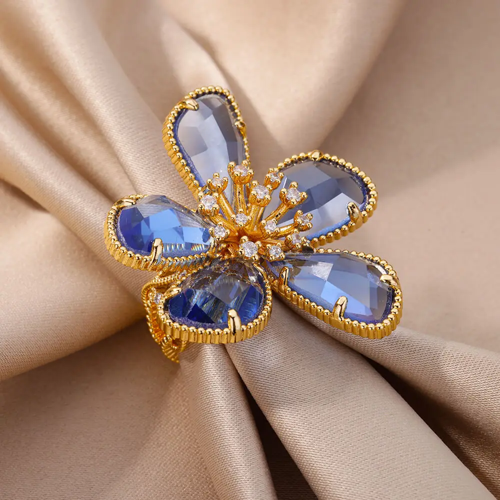 Zircon Flower Rings Women Adjustable Stainless Steel
