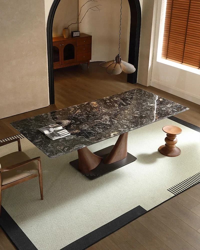 Dining table high-end marble solid wood walnut color Italian minimalist household rectangular dining table