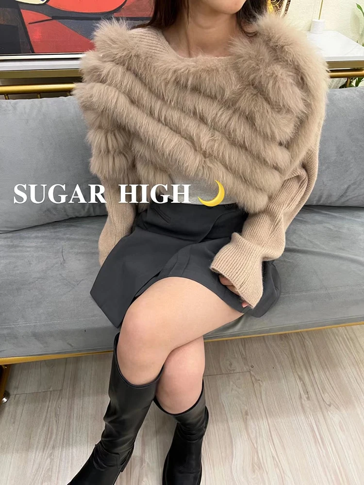 Women Fashion Special Design Real Fox Fur Sexy Short Sweater Real Fur Loose  Oversize Autumn Spring Short Sweater Coat