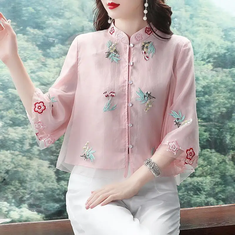 

Blouse Women Green Pink Chinese Blouse Ethnic Embroidery Vintage Blouse Long Sleeve Ladies Casual Tang Suit Tops Chaqueta China